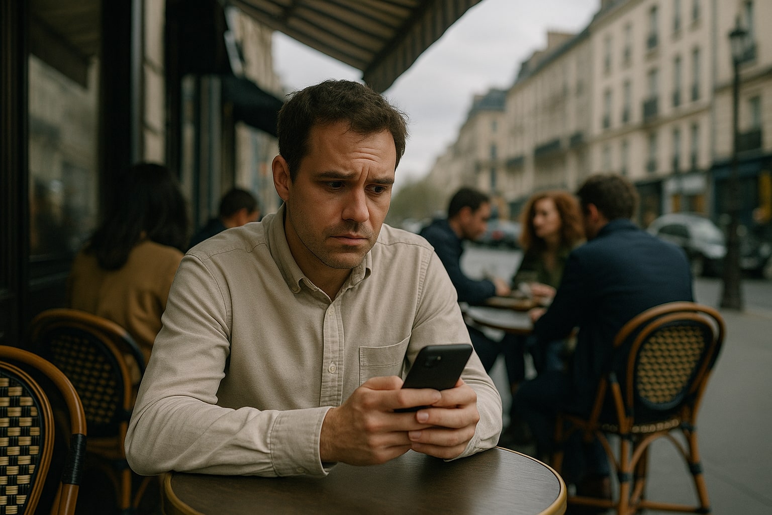 A man sits alone at a café on a cloudy day, nervously looking at his phone while others socialize around him, emotionally distant.