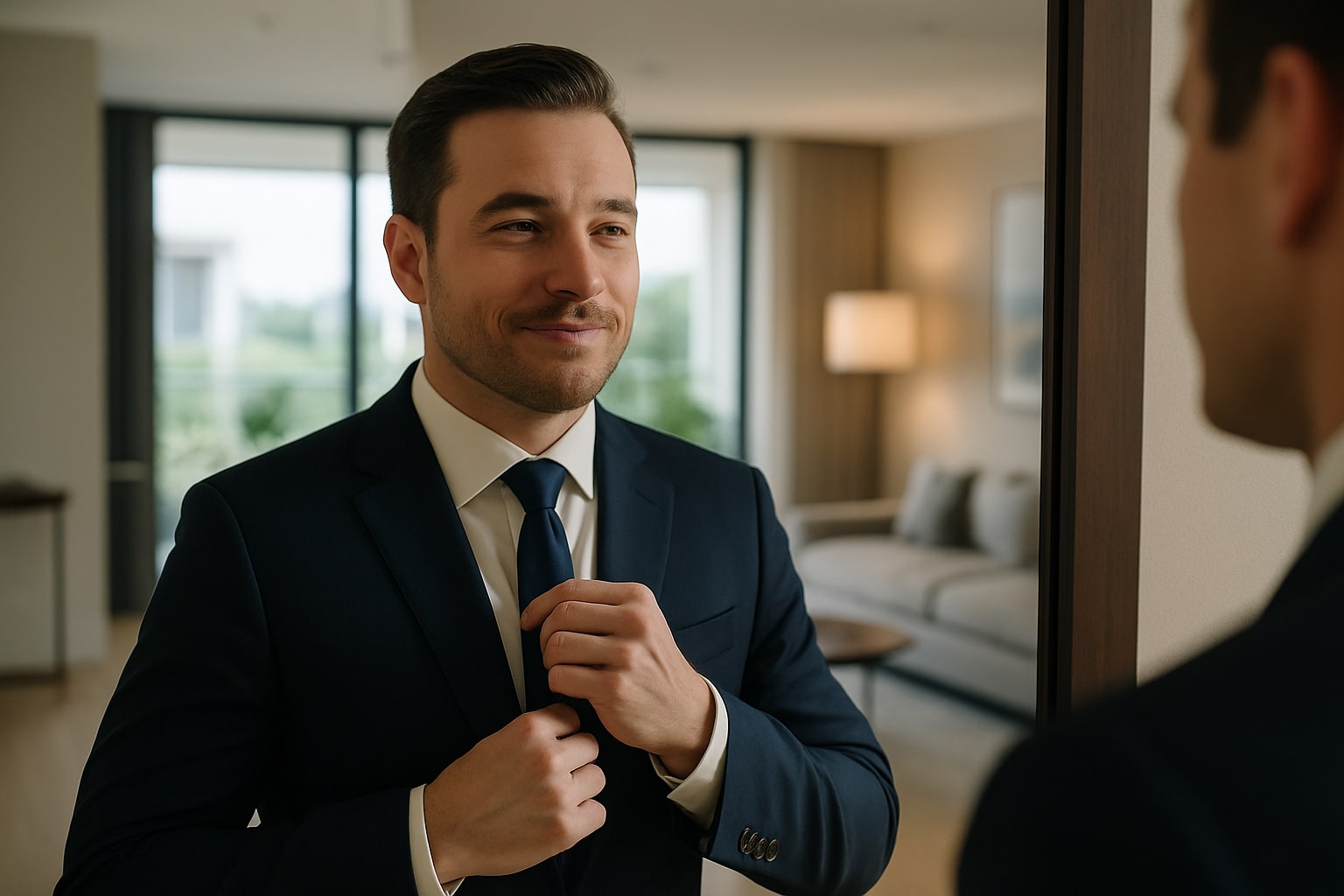 A confident man in a suit adjusts his tie while smirking at his reflection in a mirror, with a luxury apartment in the background.