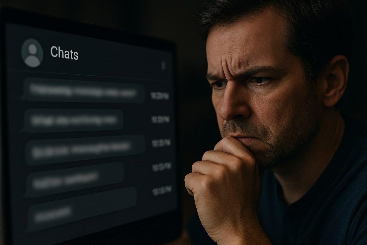 Private Investigor looking at social media chat logs on screen, analyzing suspicious messages and activity timestamps for behavioral patterns.