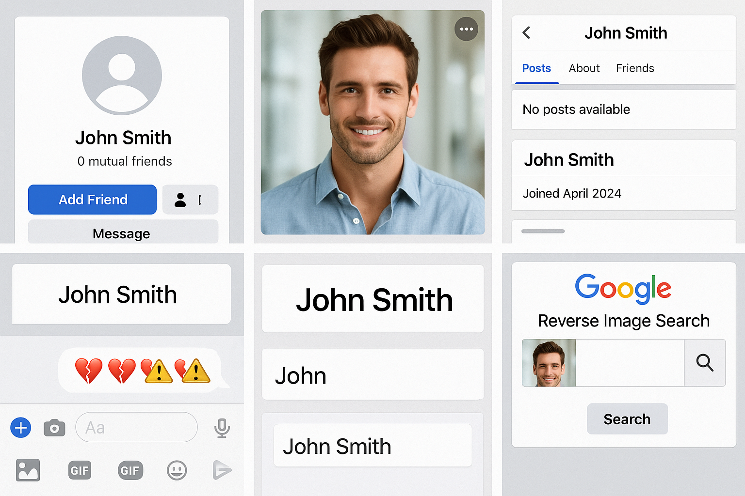 Screenshots show a fake Facebook profile for "John Smith," no posts or friends, with a reverse image search revealing suspicious identity.