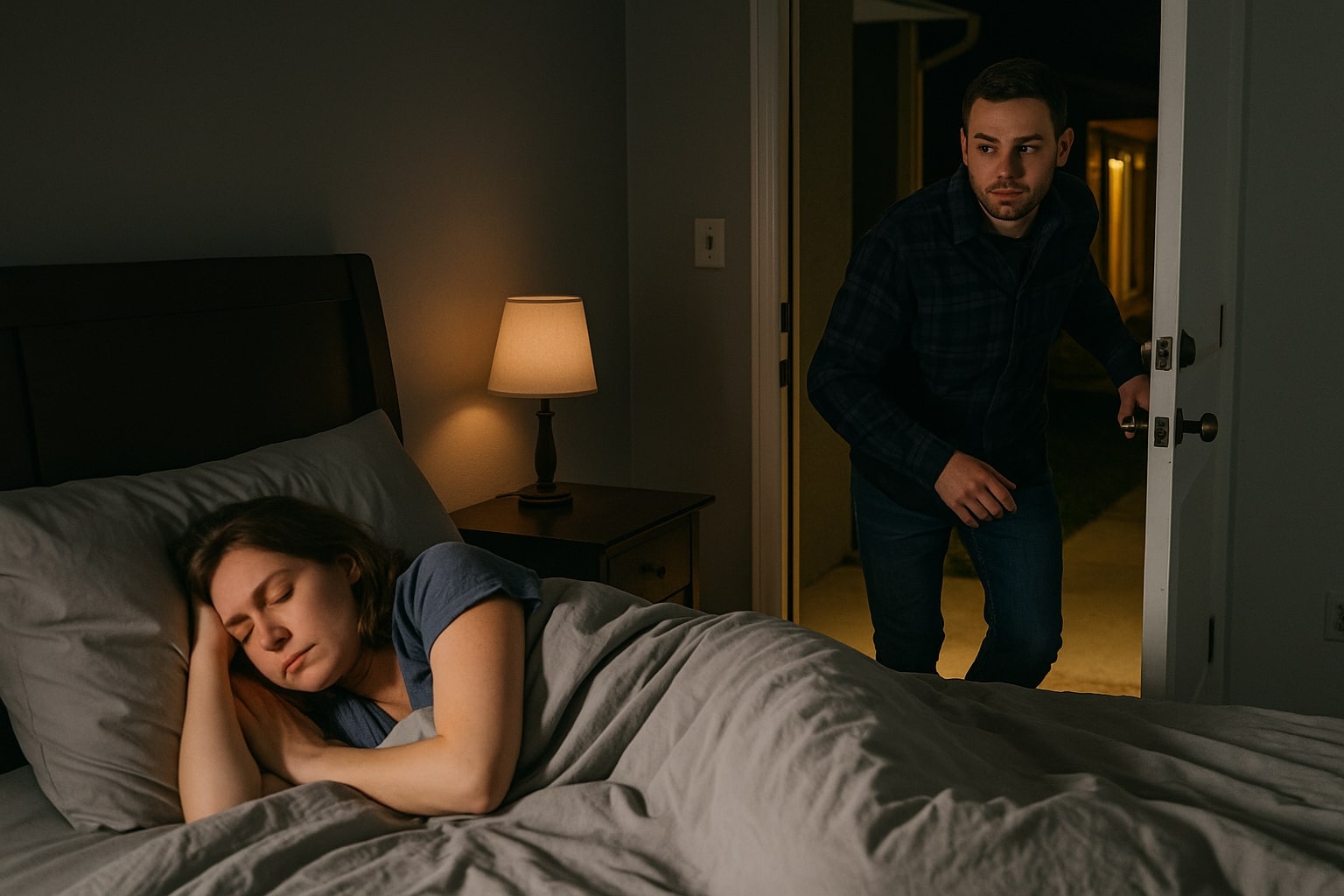 A man quietly sneaks out through a door at night while his partner sleeps in bed, unaware of his actions.