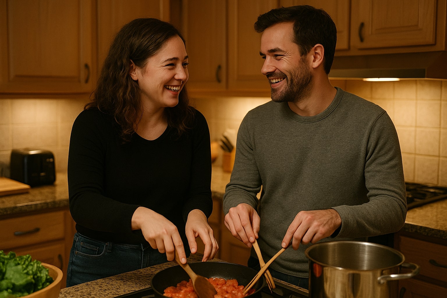 A couple laughs softly while cooking dinner together, making subtle eye contact and sharing a warm, intimate moment in the kitchen.
