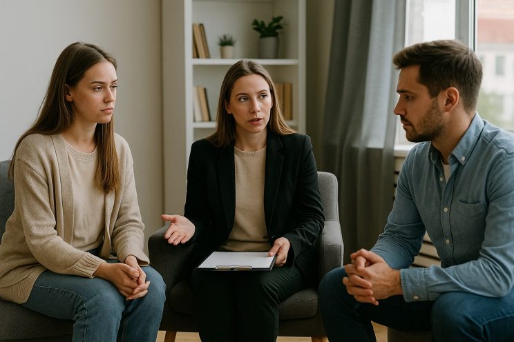 Husband and wife attending therapy to rebuild trust after cheating