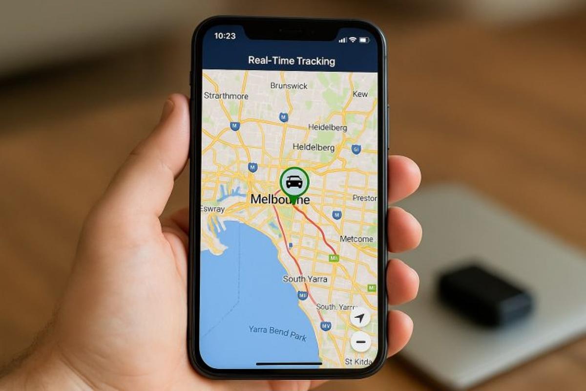 A hand holds a smartphone showing a live GPS tracking app with a highlighted route and location in Melbourne, Australia. 