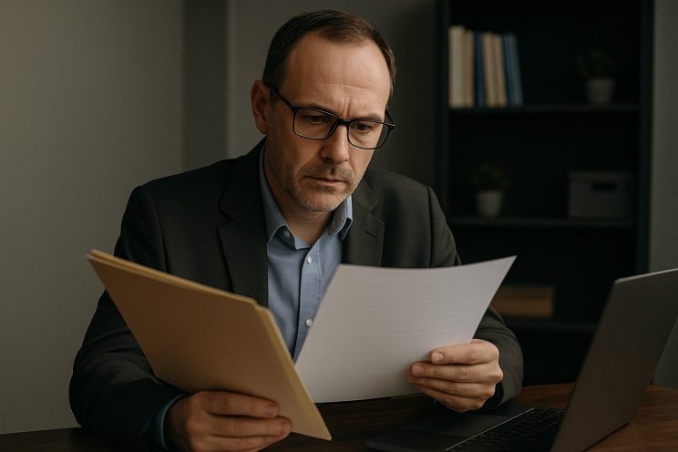 A discreet private investigator in a suit reviewing documents at his desk, focused on details of a cheating case in an office setting.