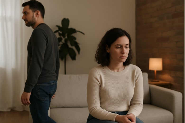 A couple with light skin sitting on a beige sofa, looking away from each other in silence, symbolizing emotional disconnect.