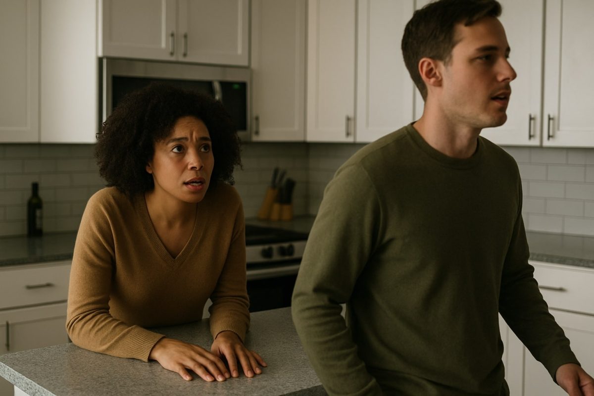 Woman leans on kitchen counter, looking hurt and vulnerable as man walks away, mid-sentence, in modern kitchen.