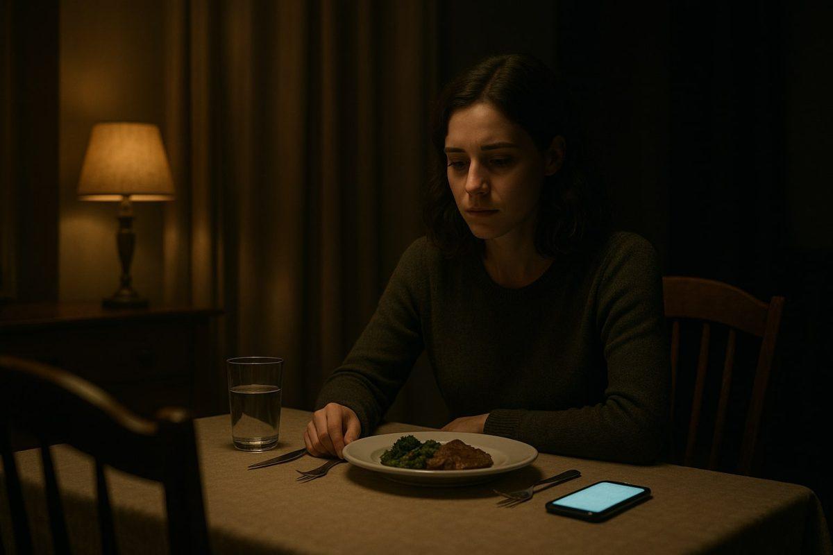 A woman sits alone at a dimly lit dinner table, staring at untouched food, with an empty chair and glowing phone nearby.