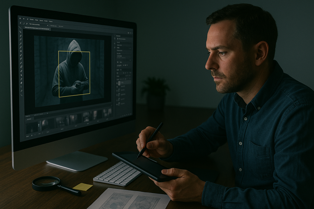 Private investigator using key image tracing techniques to analyse and enhance digital evidence