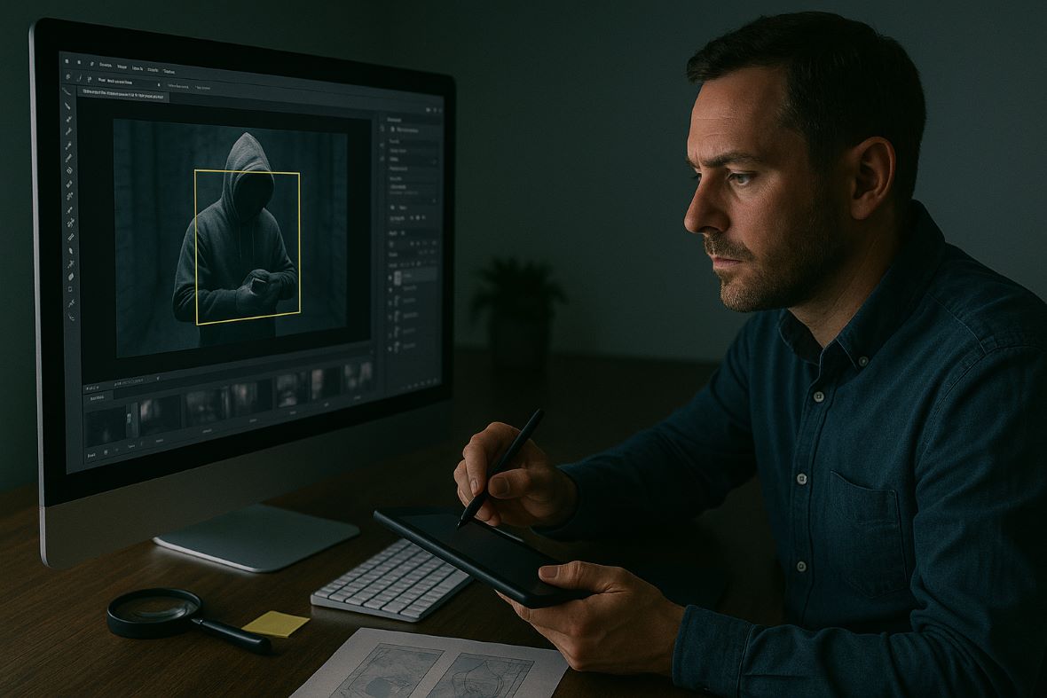 Private investigator using key image tracing techniques to analyse and enhance digital evidence