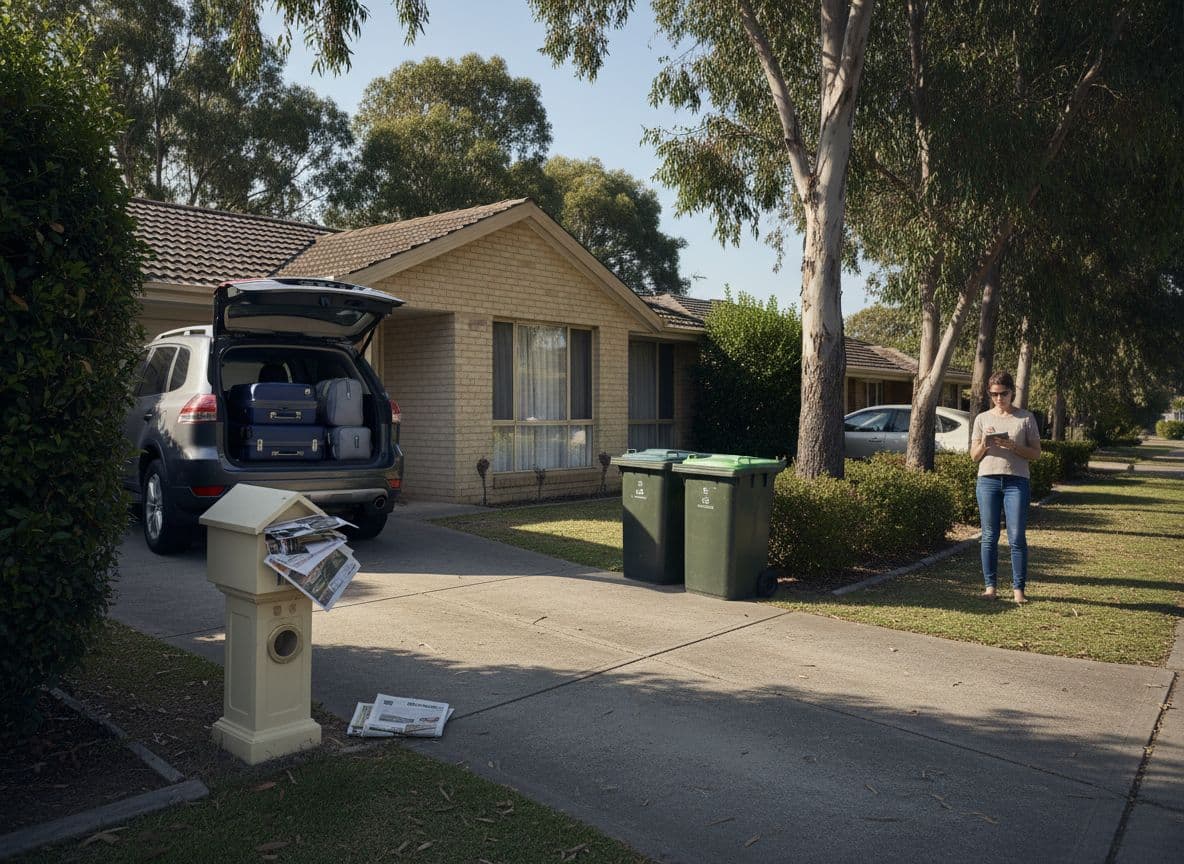 Private investigator concept showing a traveller posting holiday updates while locations are monitored, highlighting personal safety risks during travel