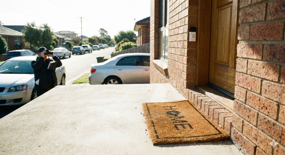Private investigator analysing evidence from a parcel theft and porch piracy case at an Australian home