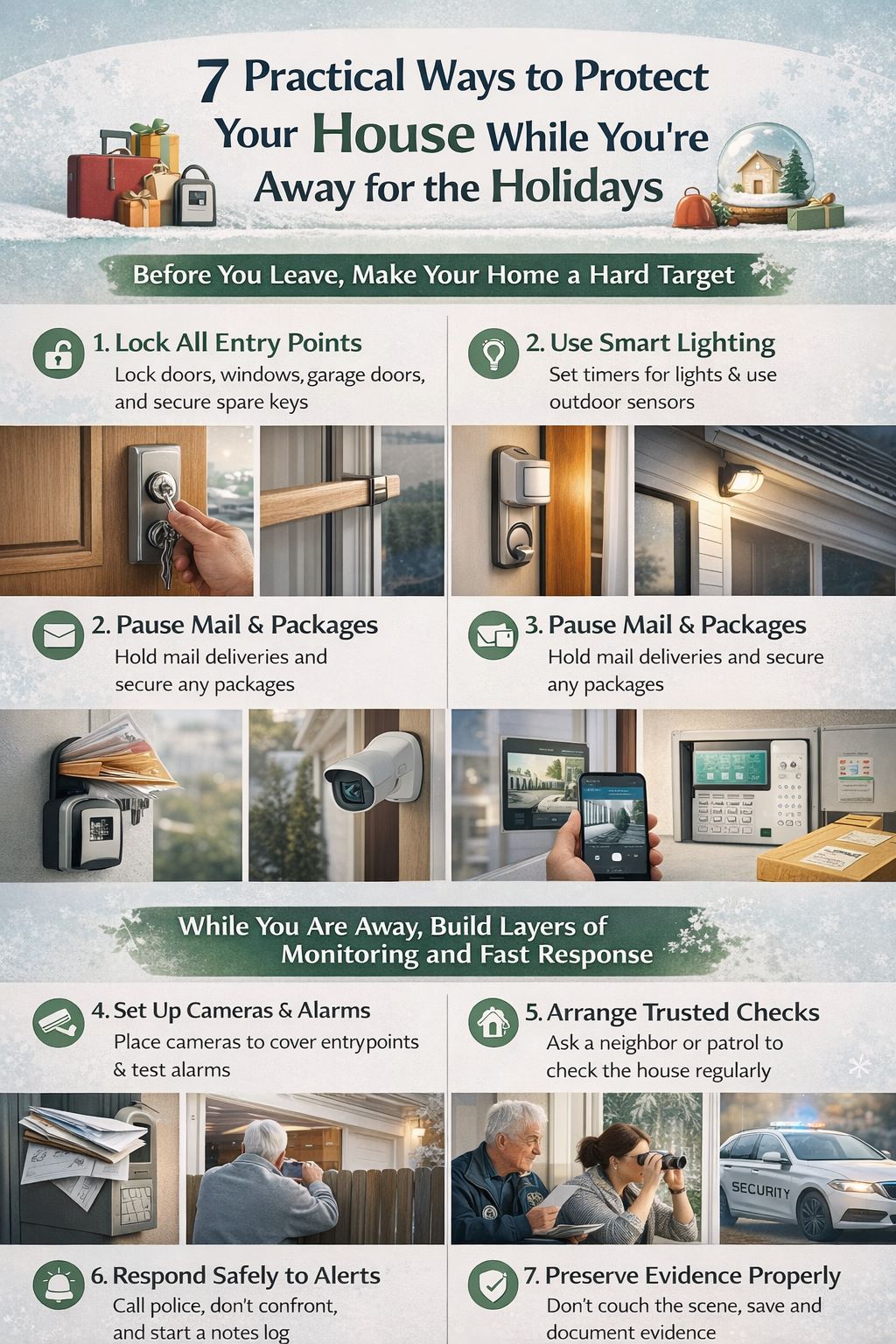 Home security measures to protect your house while away for the holidays, including lighting, monitoring, and prevention tips.