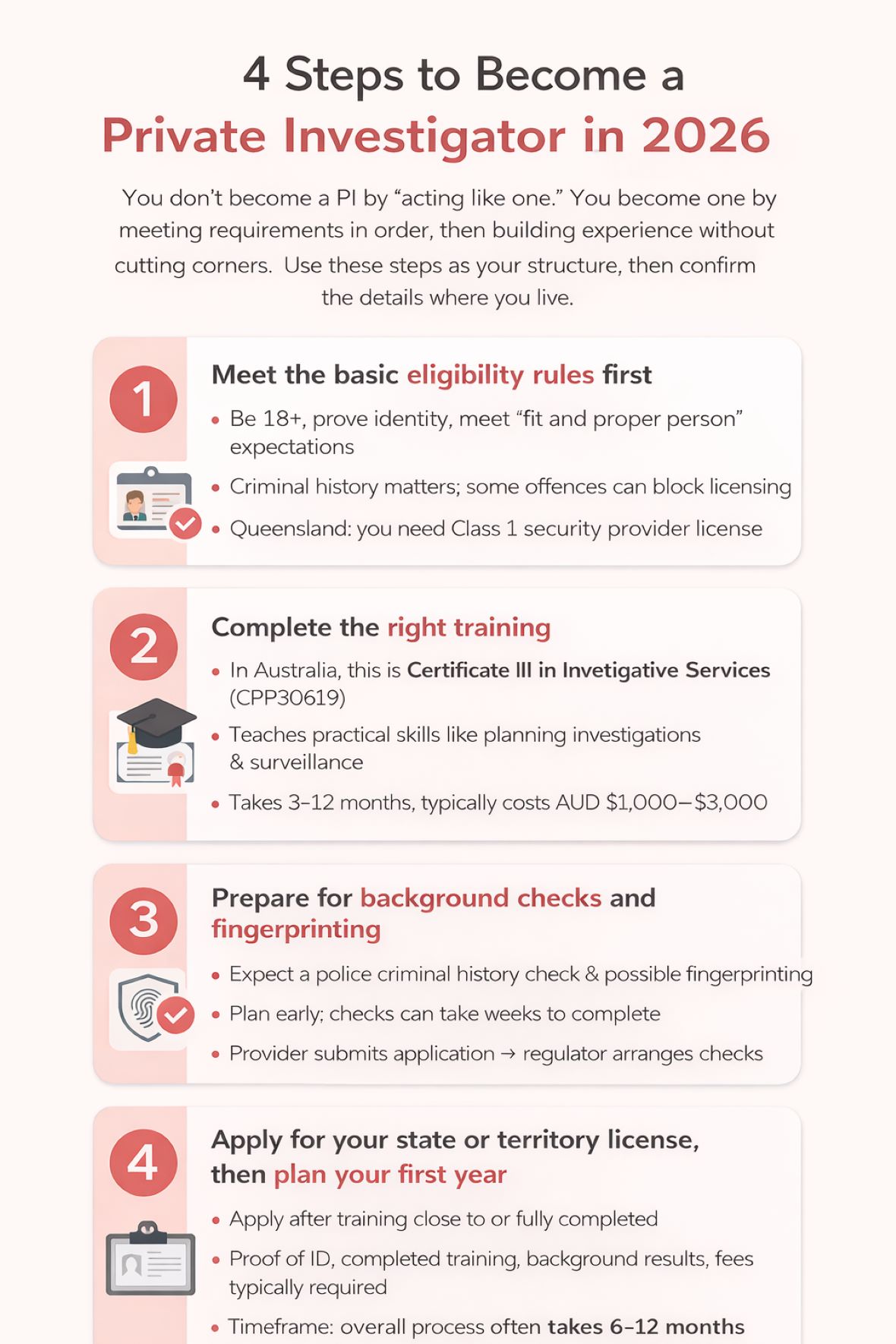 How to Become a Private Investigator in Queensland, Australia in 2026. Guide on how to become a private investigator in Queensland, Australia in 2026, including licensing, training, and legal requirements.