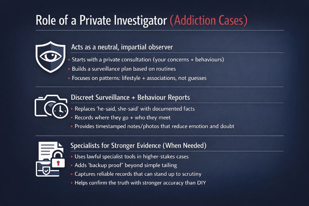 Private Investigator Services to Confirm Spouse Drug Use Early. Private investigator services helping confirm early signs of spouse drug use through discreet, lawful surveillance and evidence gathering.