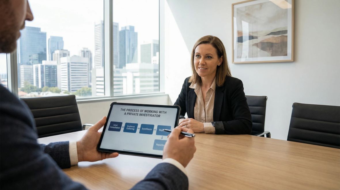 Step-by-step process of working with a private investigator, from initial consultation to lawful evidence collection and reporting. 