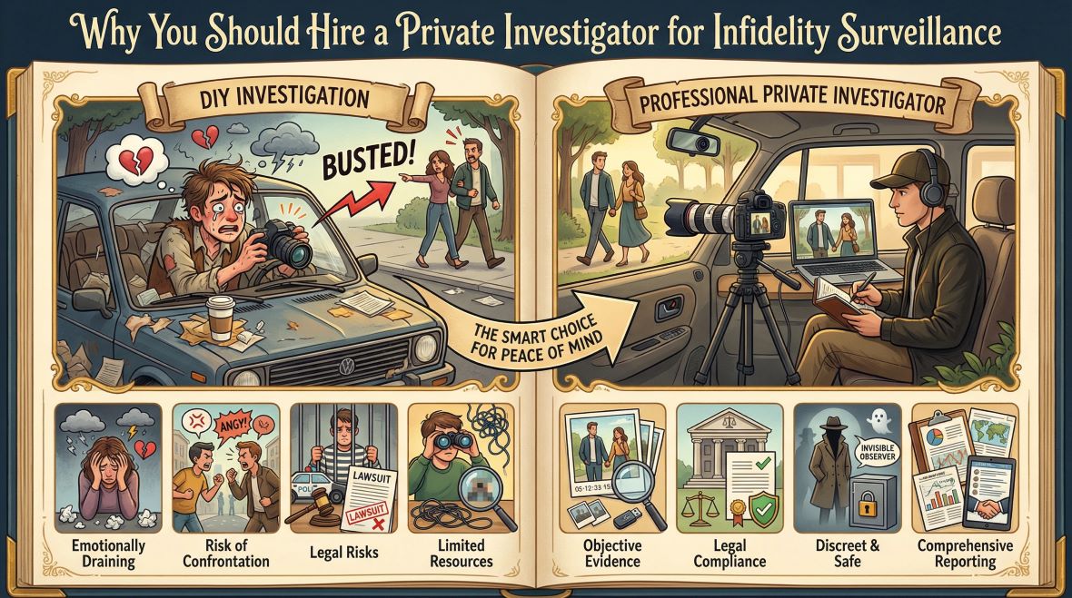 Private investigator conducting discreet infidelity surveillance to gather lawful evidence and provide clarity in relationship matters. 